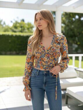 Endless Rose Floral Wrap Blouse - Yellow, Blue, Orange Size M